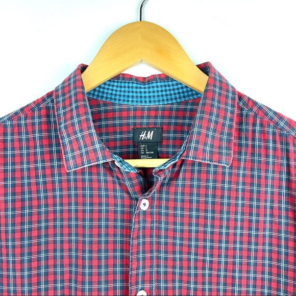 H&M Mens Red Checkered Button Up Shirt Size L - Picture 4 of 13